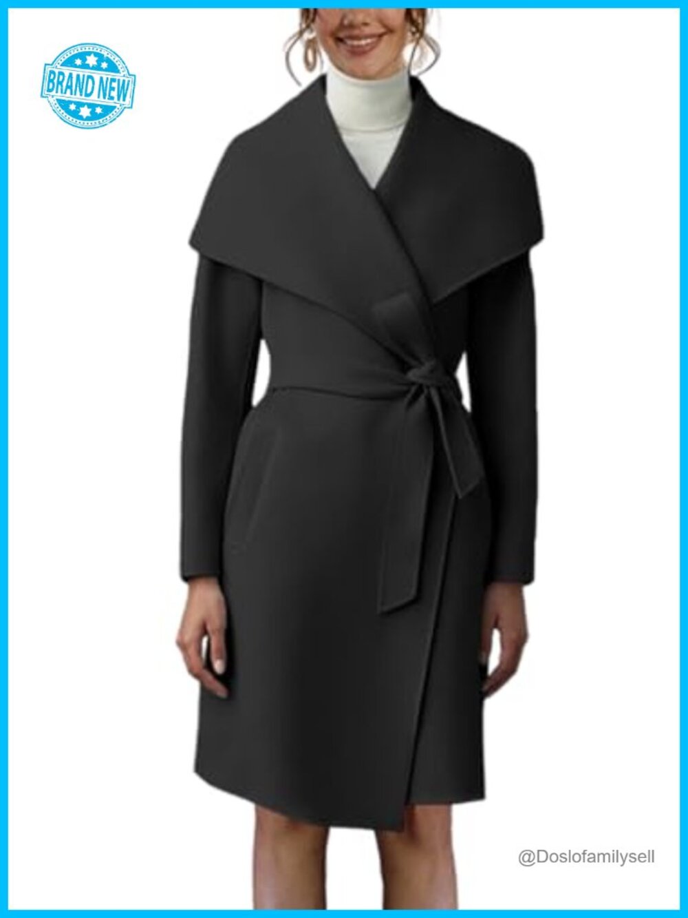 Women's Pea Trench Coat Lapel Collar Long Belted Overcoat Pockets